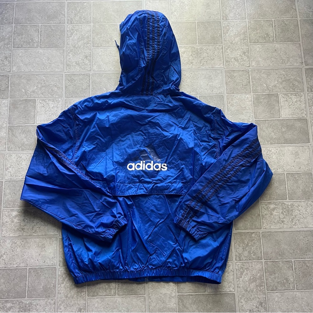Adidas vintage blue navy hooded windbreaker jacket men’s size large lightweight